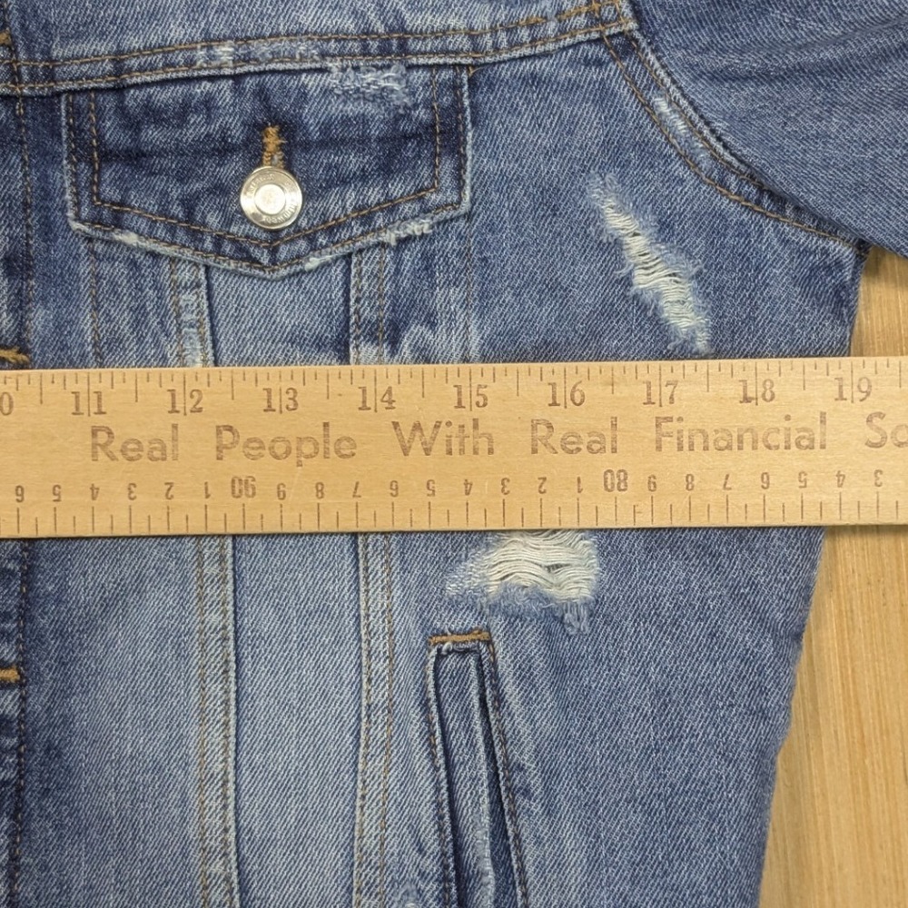 Zara Denimwear Distressed Blue Jean Denim Jacket Streetwear Biker Womens Large - Picture 4 of 5